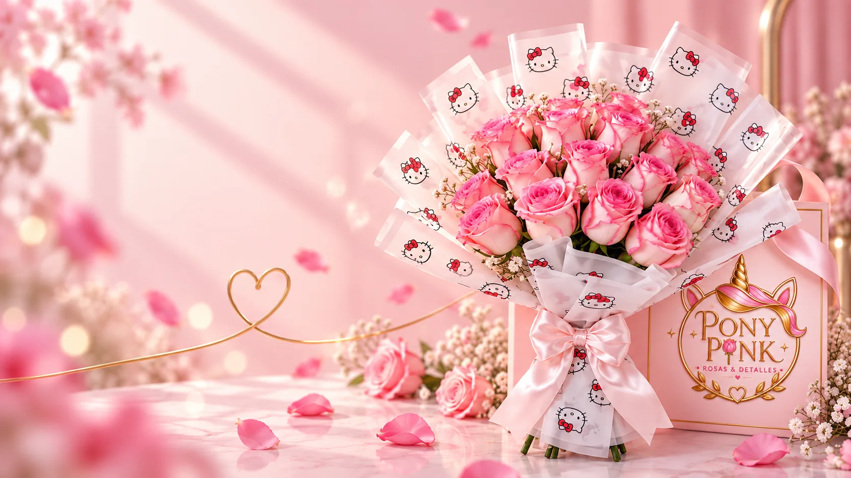 Gran ramo de rosas rosadas envuelto en papel de Hello Kitty, junto a una caja rosa de PonyPink en un estudio decorado con pétalos.